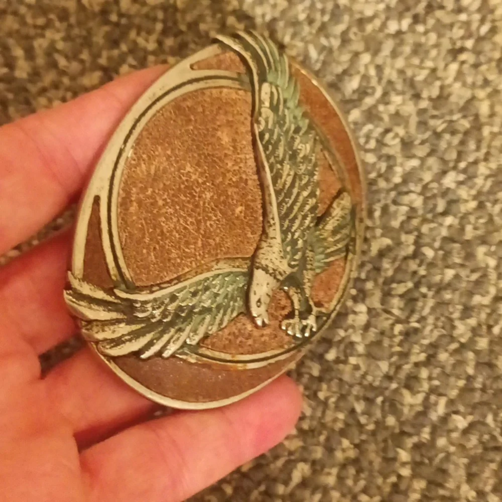 Soaring silver tone Eagle and brown leather men's belt buckle